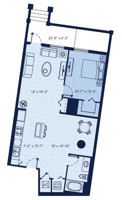 Floor plan for 1 bed, 1 bath, 938 sqft